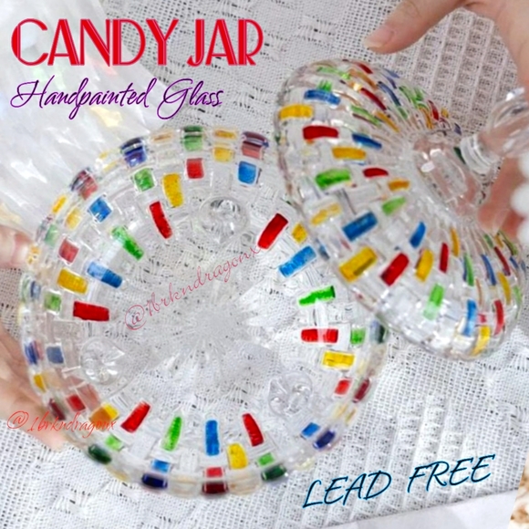 NWT Glass Candy Jar Lidded Candy Dish Handpainted Lead Free Glass Candy Bowl